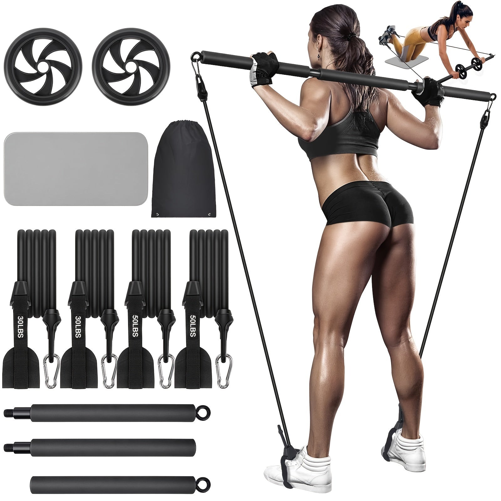 Yoga Fitness Bar 60LB Black With Wheels