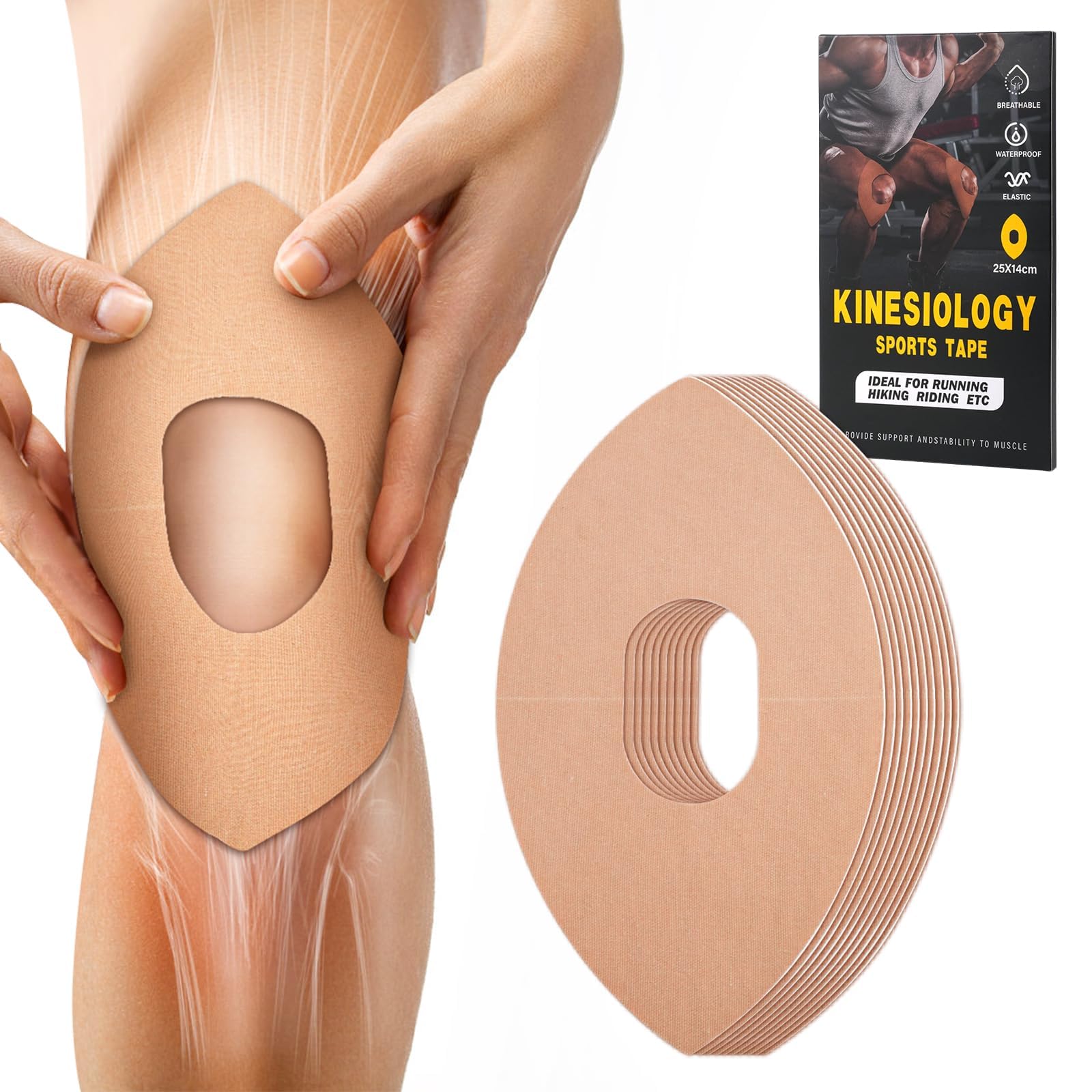 Precut Kinesiology Knee Tape, 10PCS Waterproof Support （Beige）