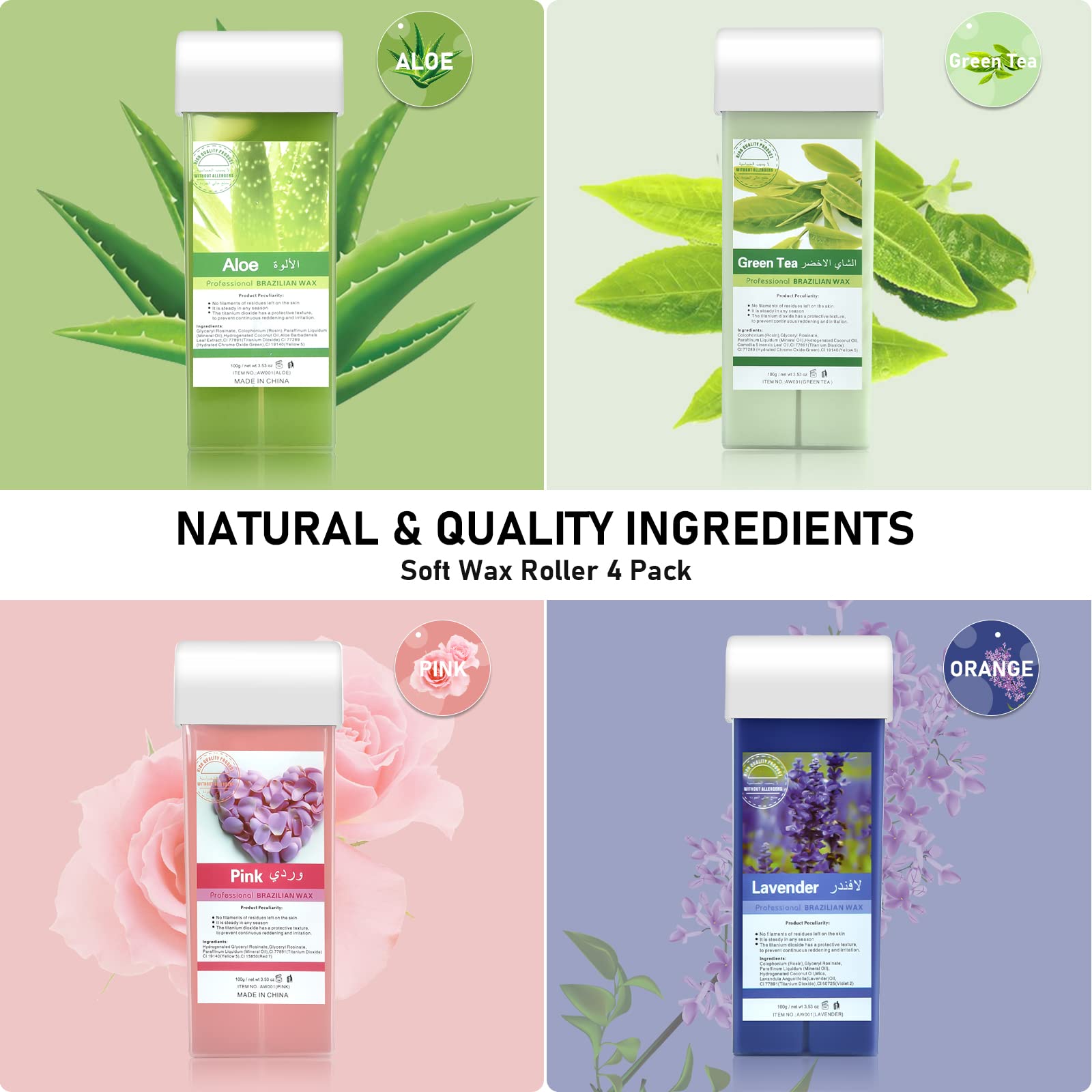 Plant-Based Roll-On Wax Refill, Smooth Natural Hair Removal 4PCS