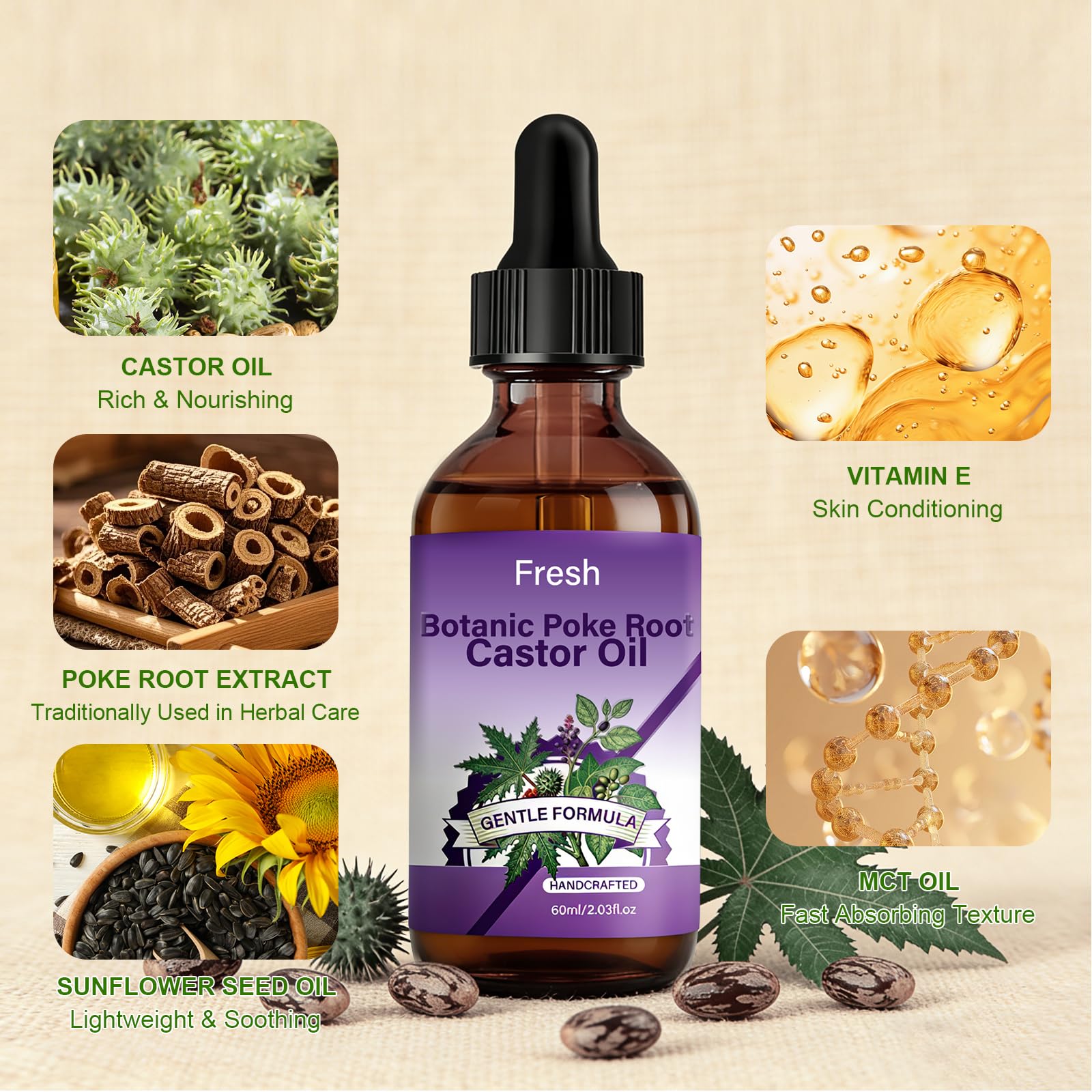 Organic Poke Root & Castor Oil Massage, Herbal Care 2.03 oz (60 ml)