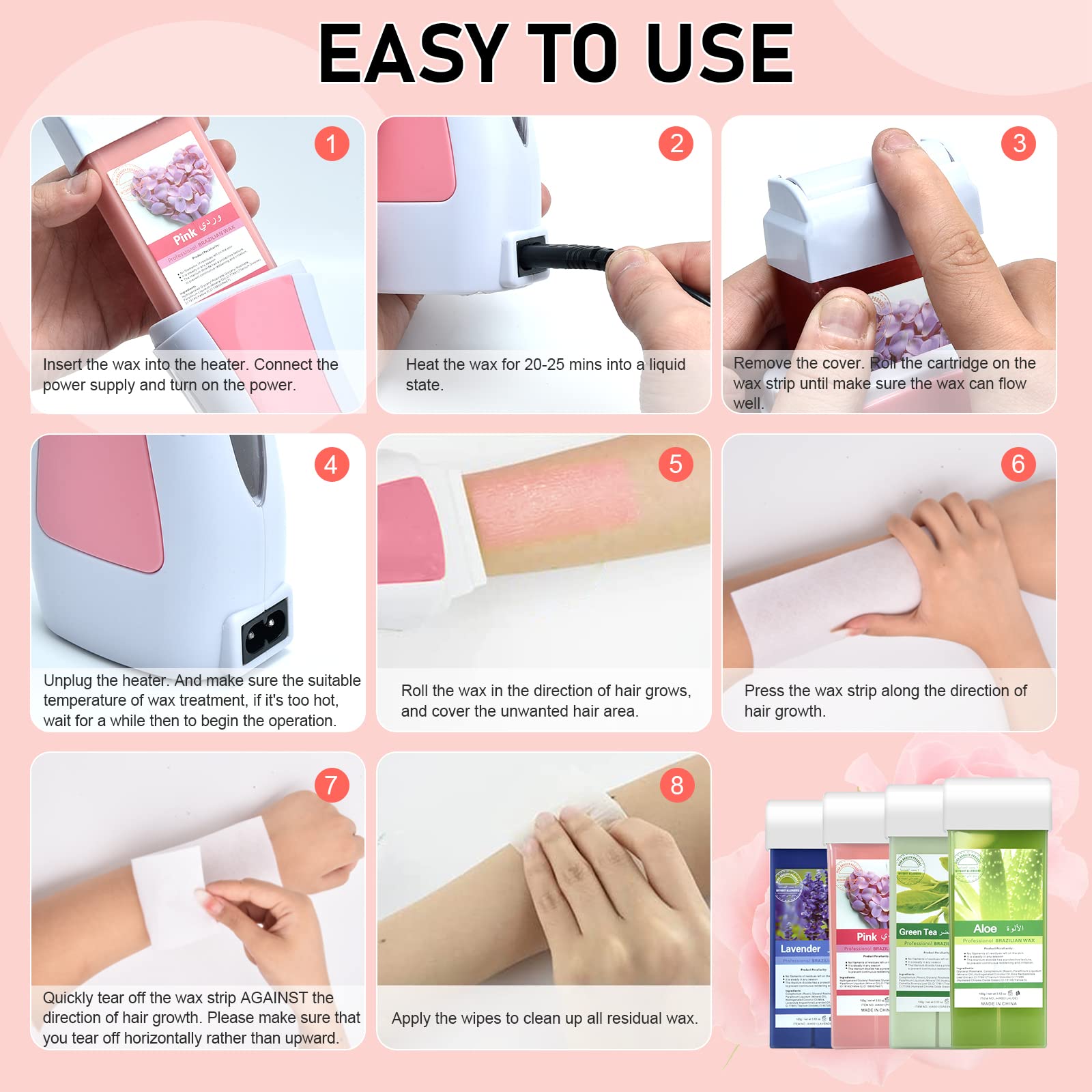 Plant-Based Roll-On Wax Refill, Smooth Natural Hair Removal 4PCS