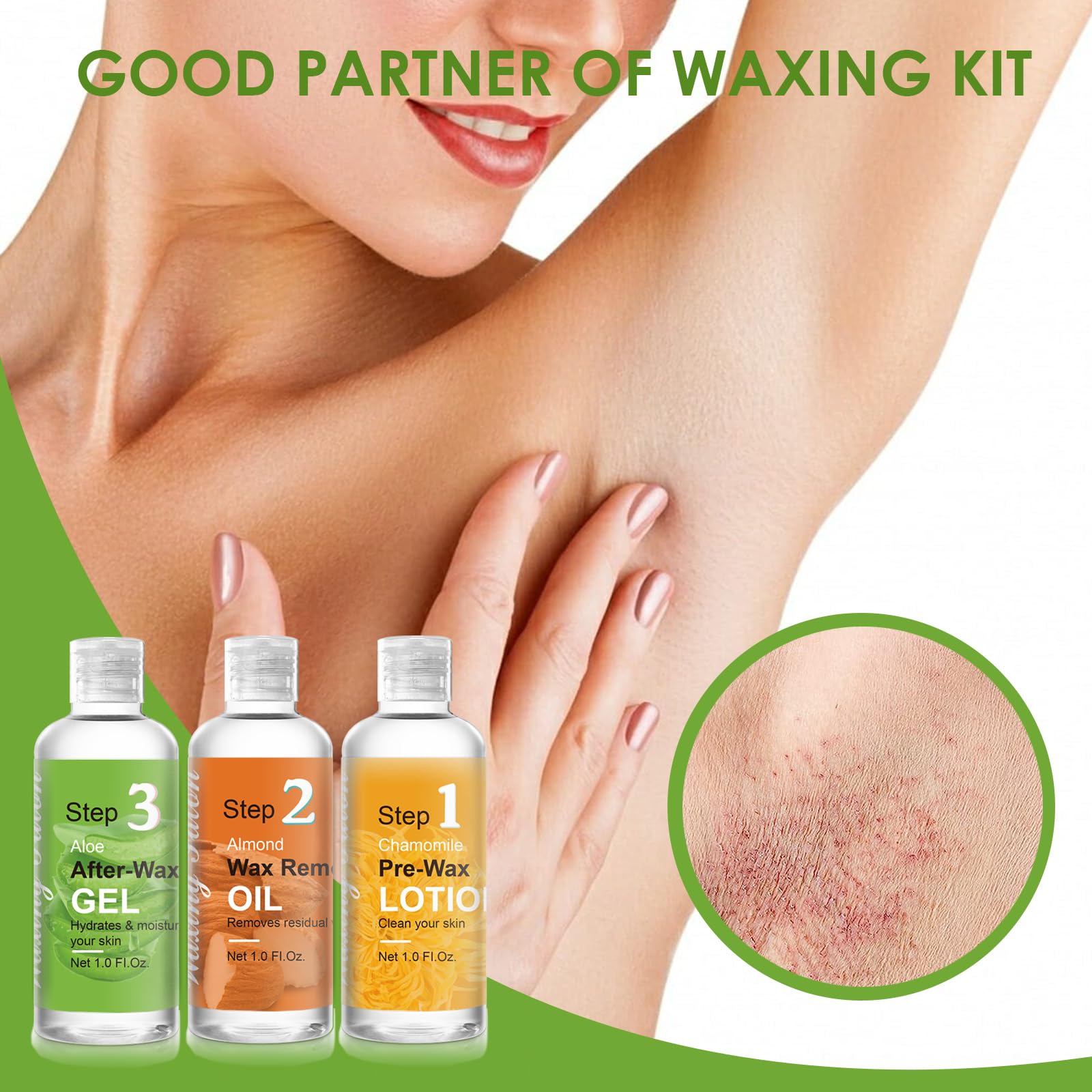3-Step Pre & Post Wax Care Kit – Pre Wax Cleanser, Wax Remover Oil & Aloe Vera After Wax Gel for Hair Removal Skin Care